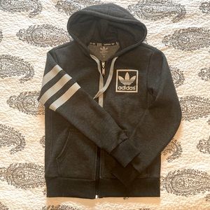 Adidas Zippered Hoodie: Classic Trefoil Logo & Iconic Stripes, Dark Grey, Size S
